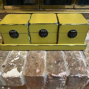 wood, felt lined decorative boxes on matching tray